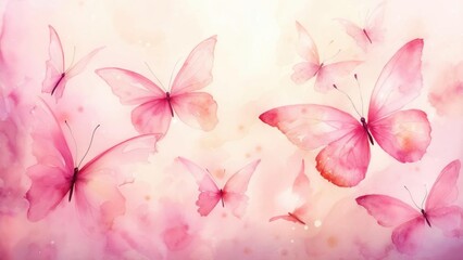 Colorful butterflies fluttering gracefully in a soft pink background