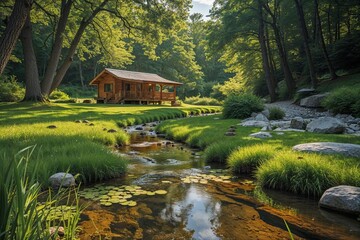 Obraz premium Serene Summer Escape in Nature Featuring Peaceful Stream and Frogs