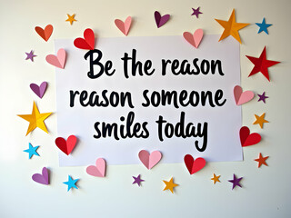 Inspirational message surrounded by colorful paper hearts and stars, Spreading positivity and encouraging acts of kindness to brighten someone's day