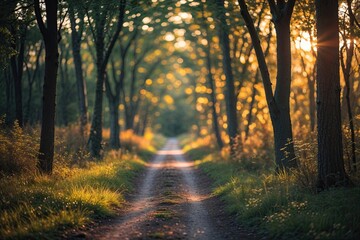Obraz premium Enchanting Forest Trail Bathed in Sunlight and Dappled Bokeh Effects