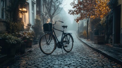 Obraz premium Misty Morning Bicycle Ride on Cobblestone Street