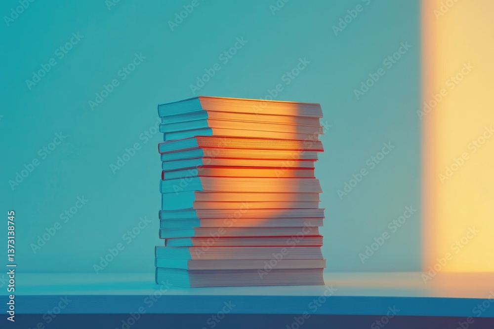 Leinwandbilder a stack of books stands illuminated against a gradient background, blending knowledge and artistic p