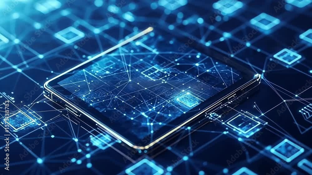 Poster futuristic mobile phone is connecting to a complex digital network, ensuring cyber security and prot
