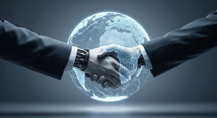 Two business people shaking hands in front of a digital globe on a grey gradient background