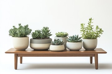 A collection of different succulent plants in minimalist pots displayed on a wooden table against a bright white backdrop.