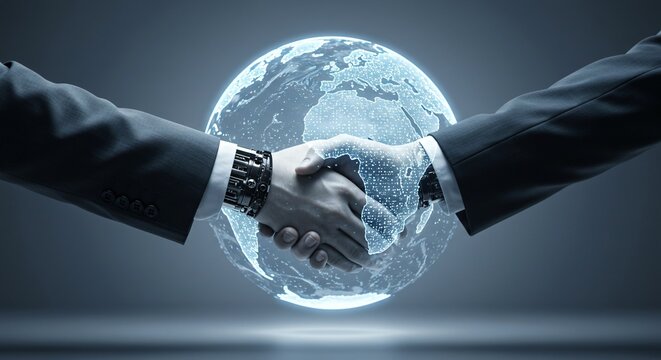 Two business people shaking hands in front of a digital globe on a grey gradient background