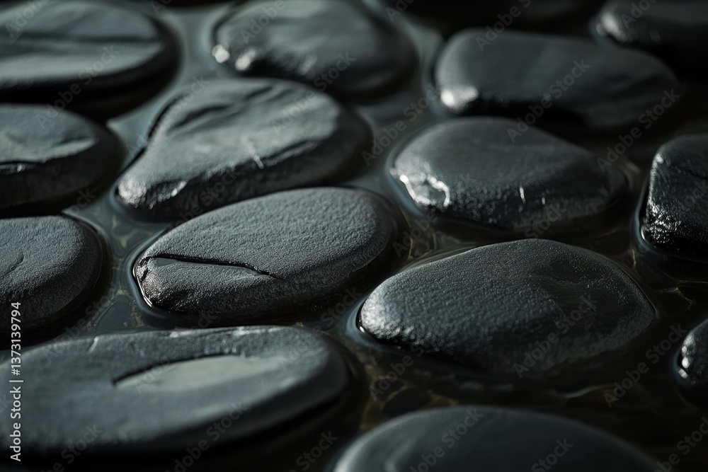Fototapete close up view of smooth black river stones on a wet surface reflecting soft light and creating deep 