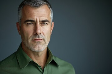 Obraz premium A man with a short beard and gray hair looks directly at the camera.