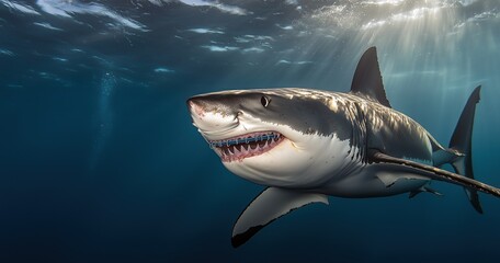 Fototapeta premium Portrait d'un grand requin blanc, gueule ouverte avec un appareil dentaire, nageant paisiblement dans l'océan, la lumière du soleil traversant la surface de l'eau, image avec espace pour texte.