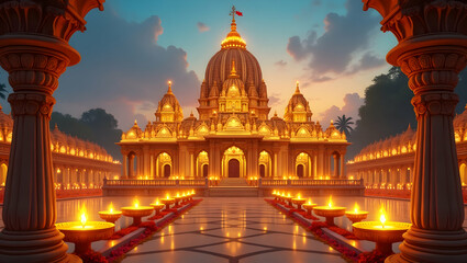 Majestic temple illuminated at dusk, A high-resolution stock photo showcasing architectural grandeur and serene beauty in a spiritual setting with intricate details