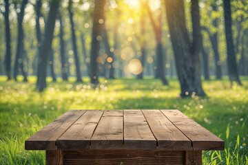 Naklejka premium Wooden Table in Spring Forest Park with Sunny Grass and Beautiful Bokeh Background