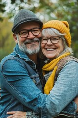 Fototapeta premium Elderly man and woman smiling and hugging, showcasing warmth of love and companionship.