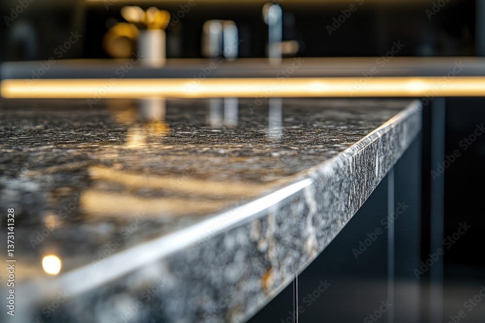 Poster a close-up shot of a granite kitchen counter showing its texture with muted lighting in background.