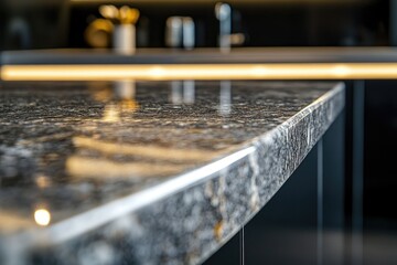 A close-up shot of a granite kitchen counter showing its texture with muted lighting in background.