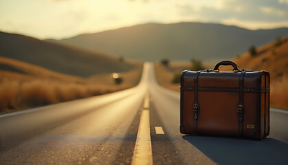 Vintage suitcase on empty country road at sunset