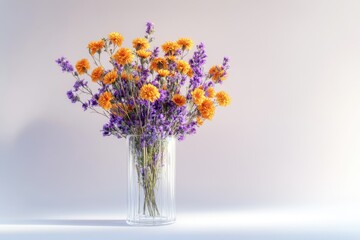 A vibrant bouquet of orange and purple flowers arranged beautifully in a clear, fluted vase against a light background.