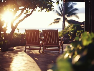 Luxury beach loungers on a tropical patio with ocean view at sunset.