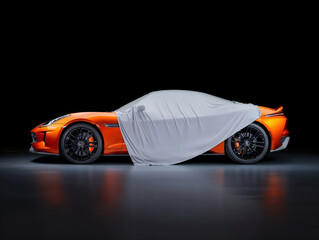 Orange sports car unveiling: partially covered luxury vehicle on black background