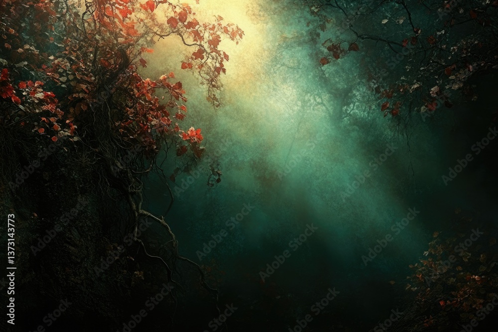 Poster sunlight streams through a misty, dark forest with vibrant red leaves clinging to gnarled branches i