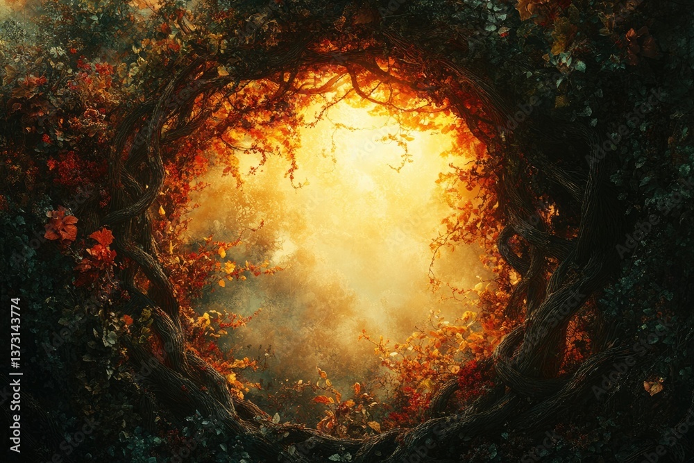 Poster A mystical forest opening with vibrant foliage framing a glowing light, creating an ethereal and enchanting scene.