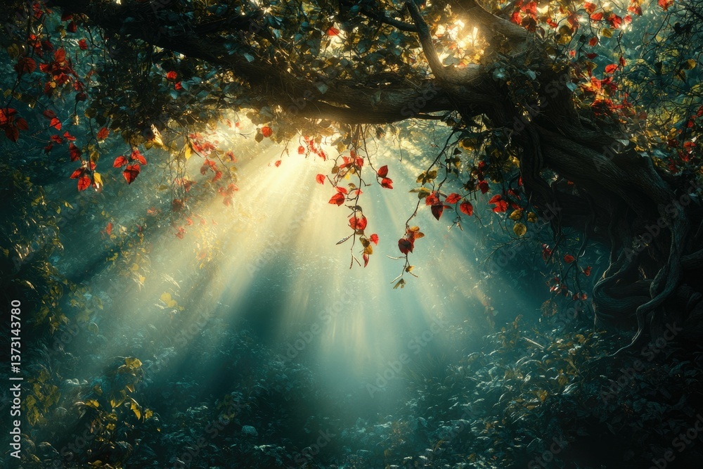 Poster Sunlight filters through the branches of a tree adorned with red leaves, creating a mystical, ethereal atmosphere in the forest.