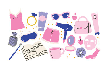 Cartoon stickers for cozy women’s night routine. Doodle elements of pajamas, self-care, cosmetics, accessories, and home decor. Vector trendy illustration for relaxation and beauty themes.