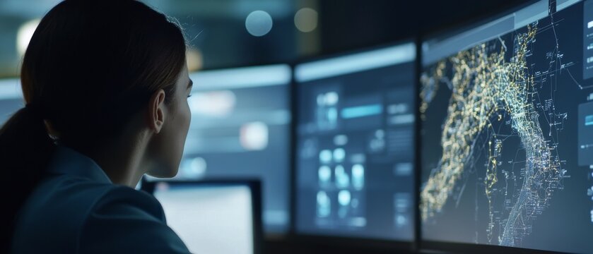 Engineers designing AI powered logistics route optimization systems, high-tech transportation hub with real-time delivery data and traffic analysis, High-tech style