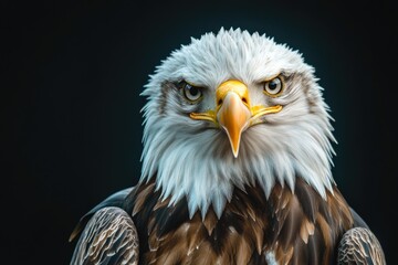 Obraz premium Close-up of an eagle's head with fierce expression, set against dark background for dramatic effect.