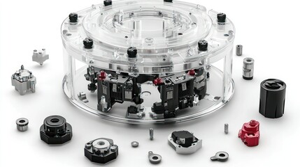 Precision mechanical components arranged for demonstration.  Clear acrylic casing reveals intricate internal parts