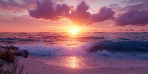 A serene scene of a pink sunset reflecting on the calm ocean surface with waves lapping onto a sandy beach.