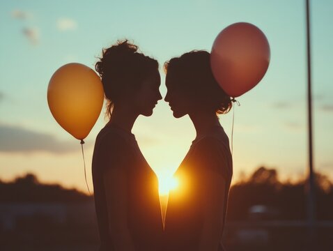 A romantic moment between two people at sunset, each holding a balloon. Their lips are close together in a loving kiss.