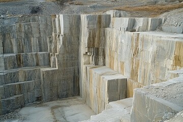 Open stone quarry with terraced walls, showing extracted rectangular blocks of stone and rock formations.