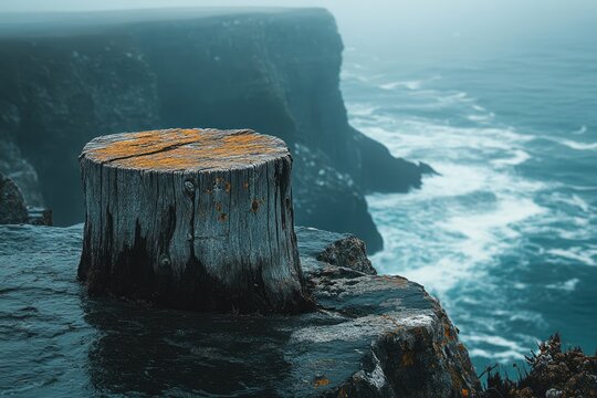 A weathered tree stump sits on a rocky cliff overlooking a vast ocean and distant coastal cliffs under foggy skies.