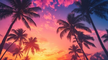 Obraz premium Bright and vibrant sunset over ocean horizon, with silhouette of palm trees along foreground.