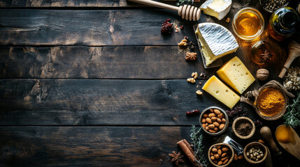 Top-view of a rustic table with cheese varieties, honey, nuts, spices, and a bottle of wine, offering space for text