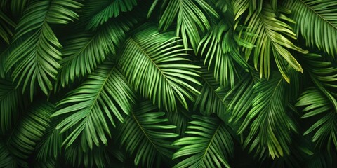 Vibrant tropical forest with lush palm leaves creating a dense, green backdrop for any natural scene.