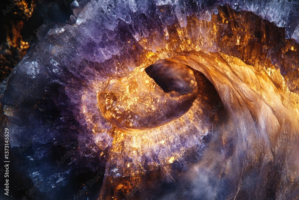 Poster A stunning close-up showcases an amethyst geode with golden, sparkling crystals, revealing intricate patterns and textures within.