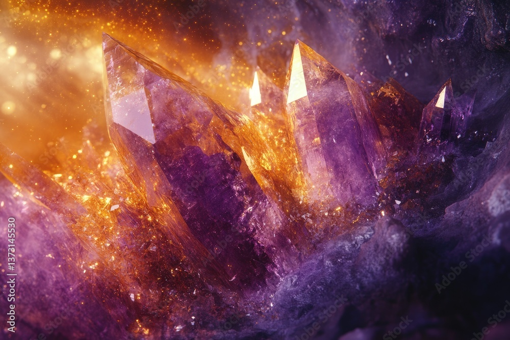 Aufkleber an image features a collection of amethyst crystals, illuminated with an ethereal golden glow.