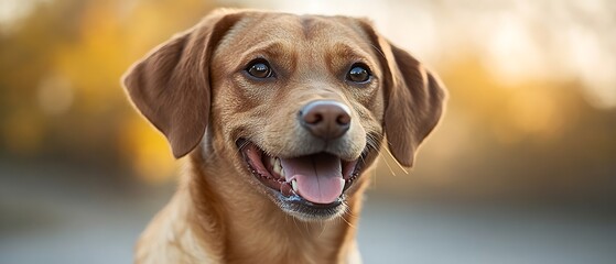 A close up portrait of a smiling happy dog