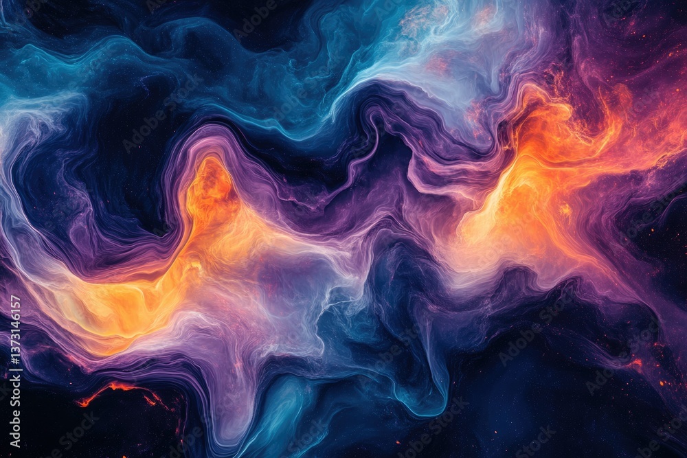 Aufkleber Abstract nebula-like image with flowing, ethereal patterns of blue, purple, and orange hues, creating a dreamy and cosmic atmosphere.