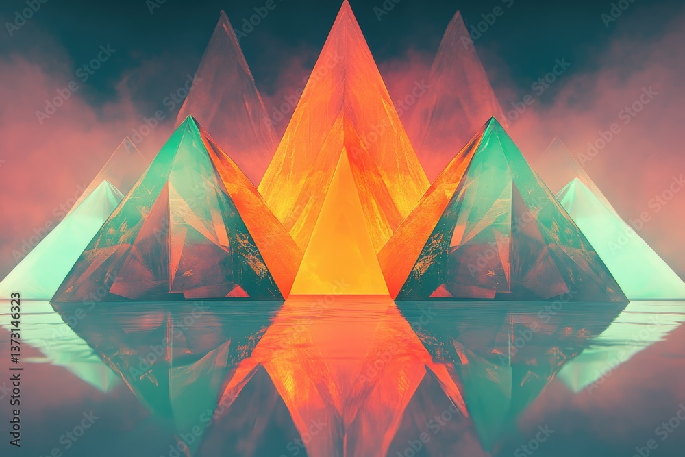 Aufkleber Abstract image featuring translucent colorful pyramids reflected in water, creating a surreal and artistic landscape with ethereal lighting.