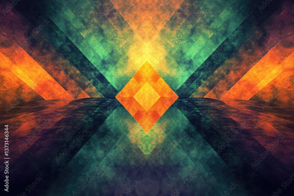 Poster a vibrant abstract background with geometric shapes, radiating light, and textures in orange, green,