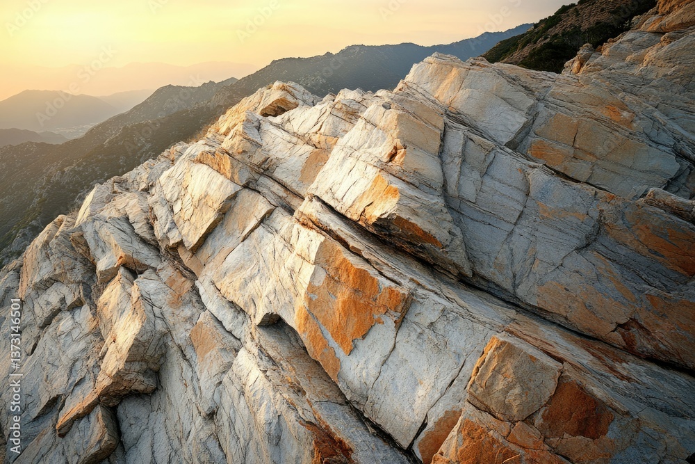 Poster striking image of layered rock formations on a mountainside, bathed in soft light during golden hour