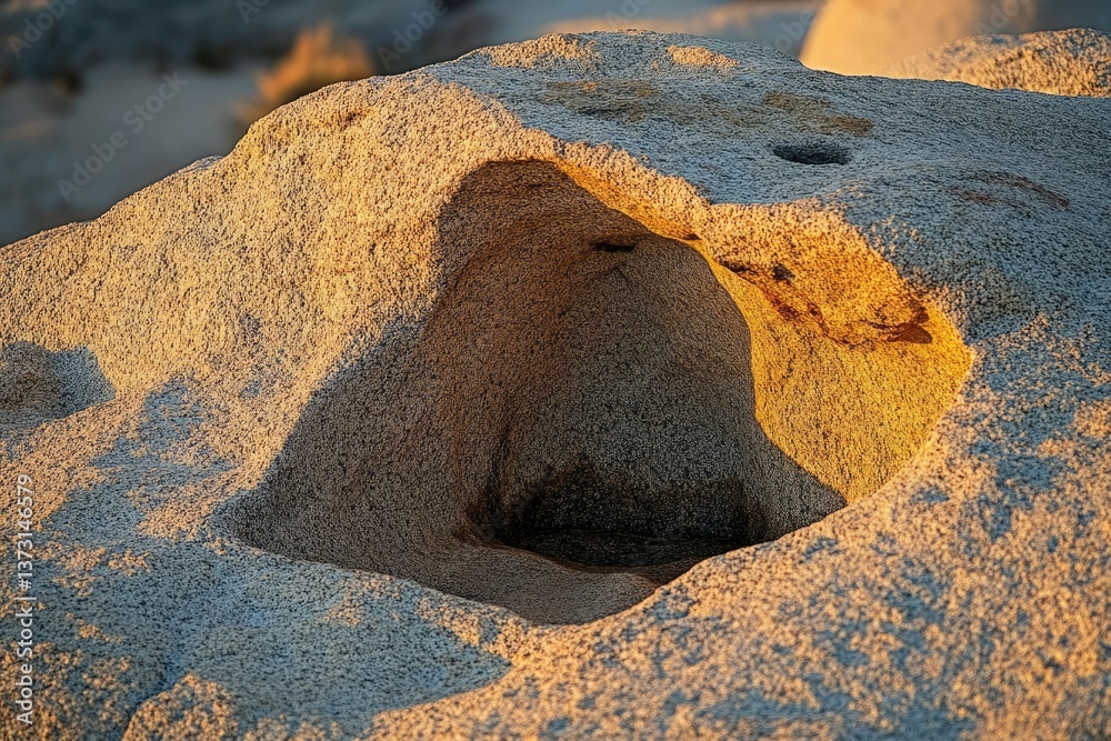 Poster sunlight bathes a granite rock formation with a natural cave-like opening, creating a warm and invit