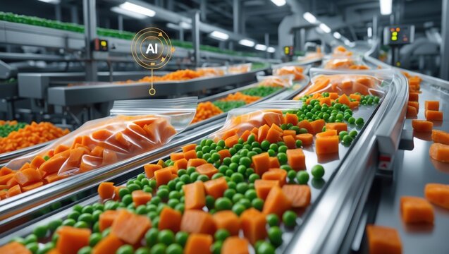 Vegetables production line. Carrots and peas move along conveyor belts. Foods in plastic bags. AI sign over assembly line.