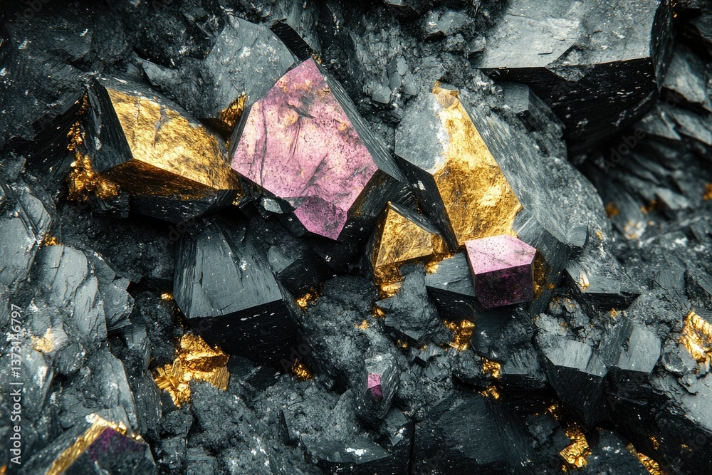 Poster a macro shot of gold, pink, and black crystals embedded in dark grey rock formations, creating a uni