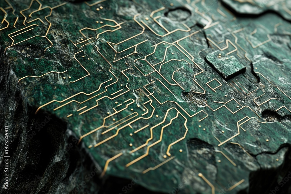 Poster Abstract view of circuit board elements etched into dark green stone or rock, golden lines forming complex patterns.