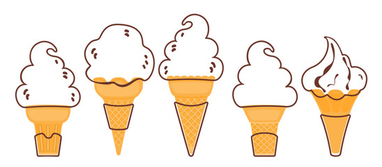 Vector illustration set of gelato ice cream Ice cream set Several balls in a cup. Waffle cones are isolated on the background Top view. Copy space. Assorted frozen yogurt or ice cream balls  Healthy.