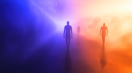 Figures emerge from misty background in silence. Translucent Echo. Illustration