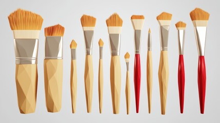 Various paint brushes displayed in a line on a light surface